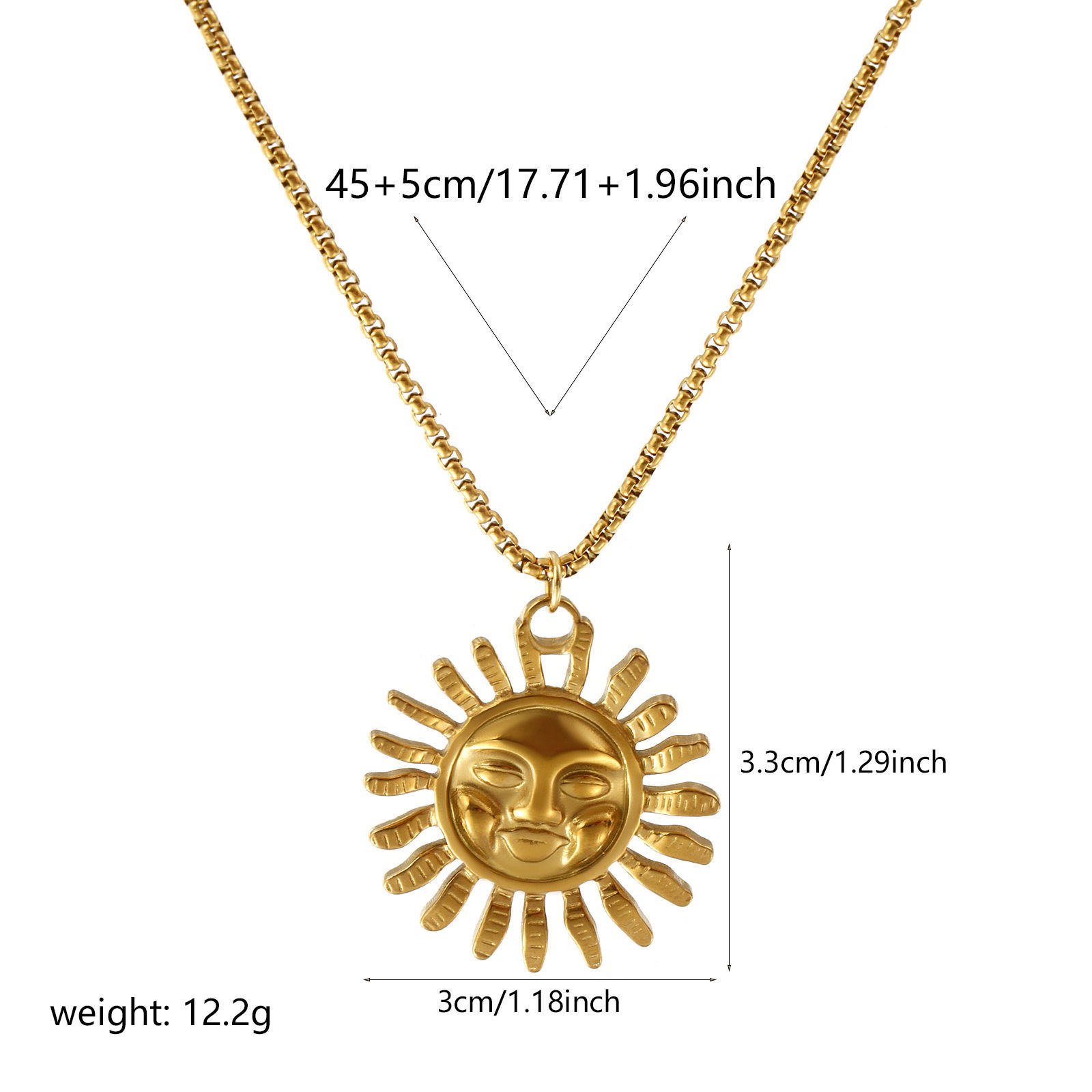 Picture of 18K Real Gold Plated Box Chain Sun Pendant Charm Necklace, 304 Stainless Steel 45cm(17.7") + 5cm(2"), For Women, Galaxy Exquisite Gift, Eco-friendly PVD Vacuum Plating, 1 Piece