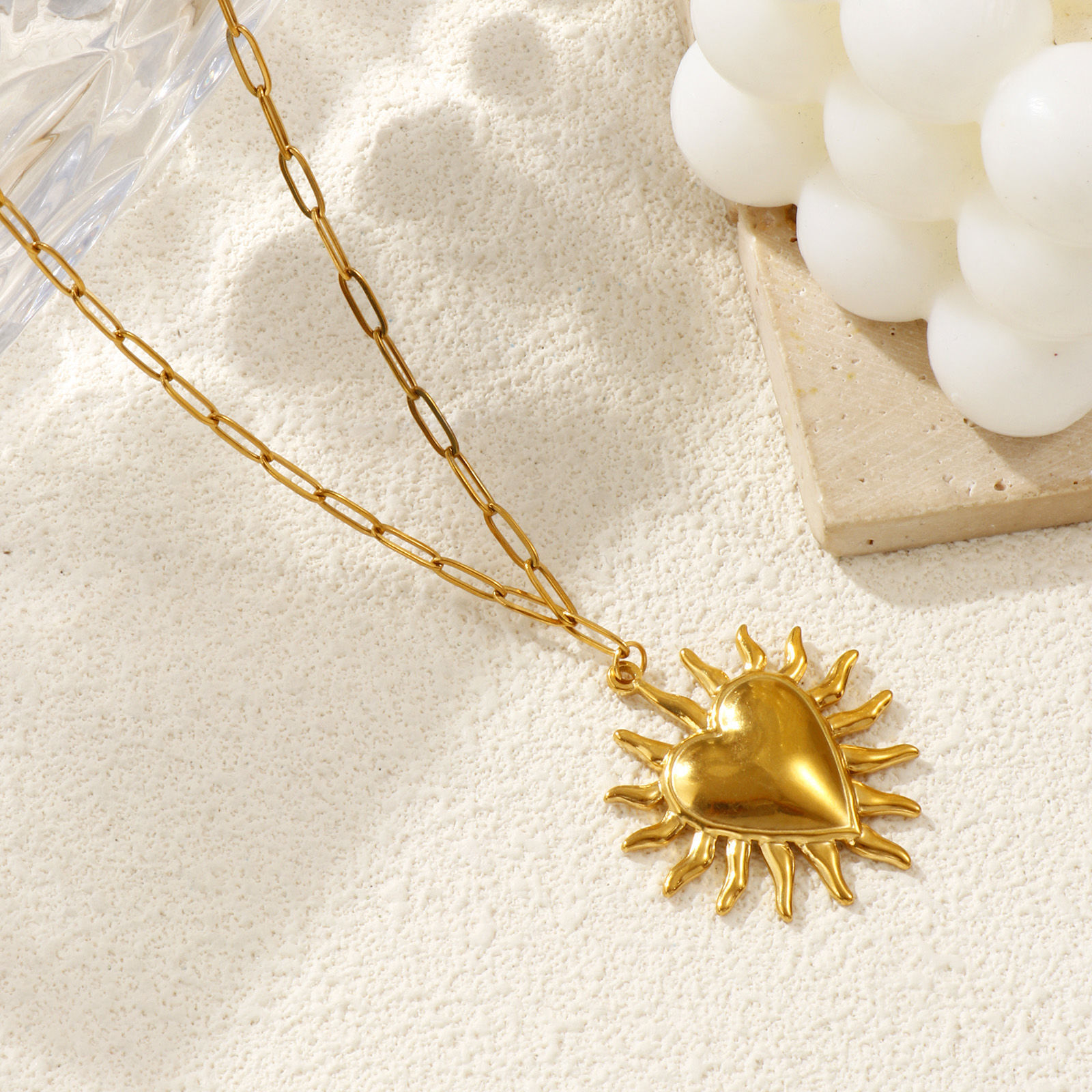 Изображение 18K настоящее золото с покрытием Цепочка зажимов Экс Вото Сердце Ожерелье с подвеской, 304 Нержавеющая Сталь 60см, Для женщин, религия Ретро подарок, Экологичное вакуумное PVD-покрытие, 1 ШТ