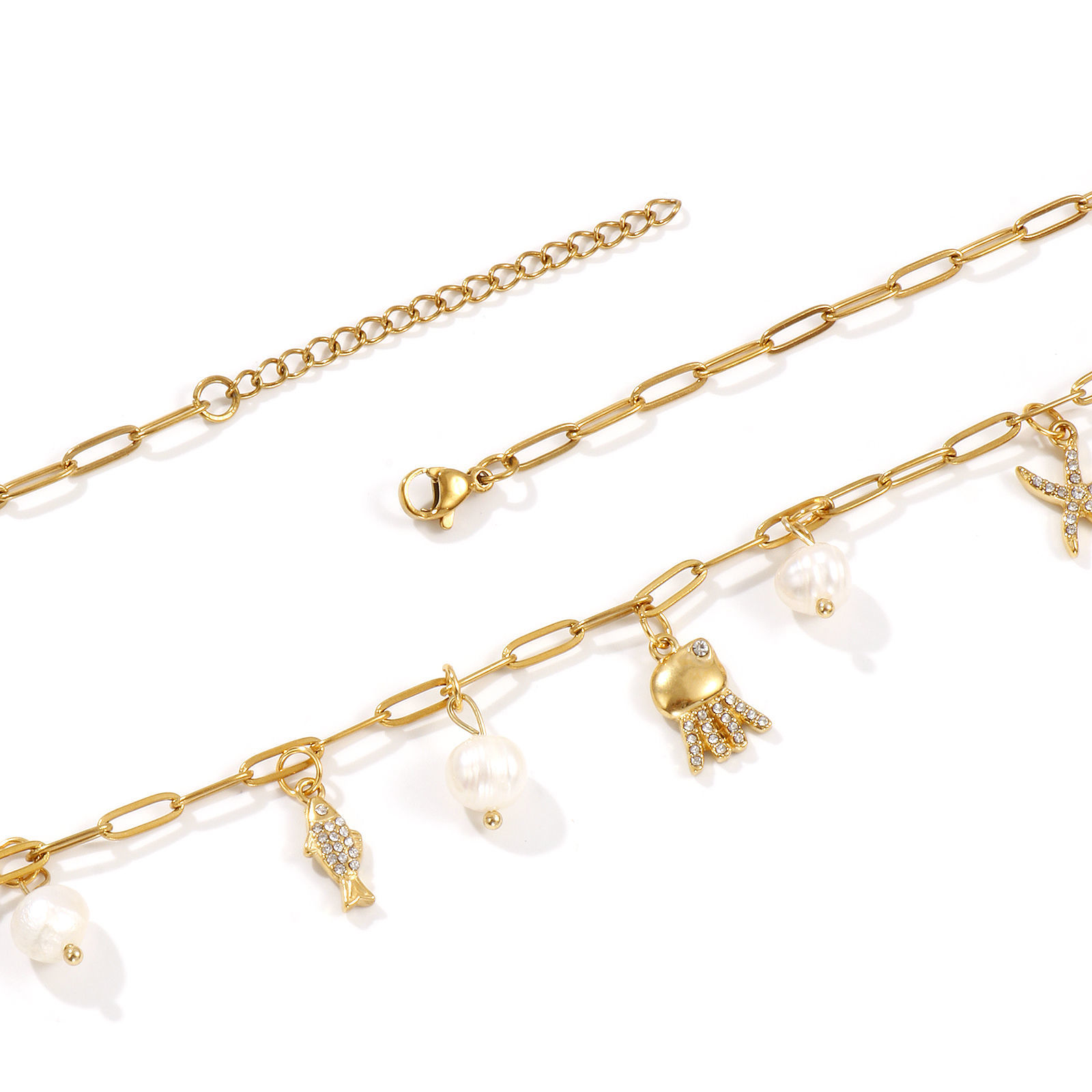 Изображение 18K настоящее золото с покрытием Цепочка зажимов Осьминог Ожерелье с подвеской, Нержавеющая сталь 304 и натуральный жемчуг 42см + 5см, Для женщин, Прозрачный Искусственный Циркон Белый Морские Украшения Стильный подарок, Экологичное вакуумное PVD-покрытие, 1 ШТ