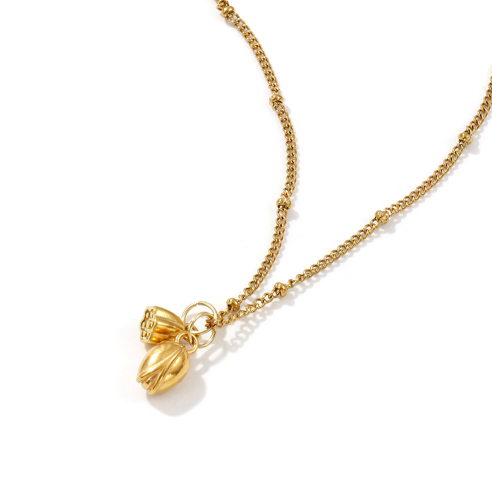 Picture of 18K Real Gold Plated Curb Link Chain Lotus Flower Pendant Charm Necklace, 304 Stainless Steel 45cm(17.7") + 5cm(2"), For Women, 3D, Exquisite Stylish Gift, Eco-friendly PVD Vacuum Plating, 1 Piece