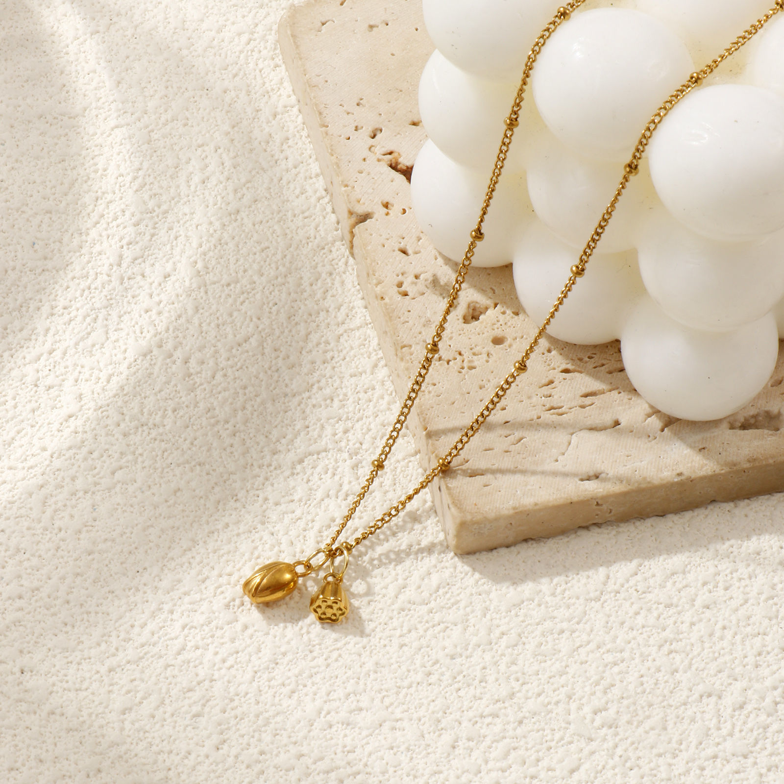 Picture of 18K Real Gold Plated Curb Link Chain Lotus Flower Pendant Charm Necklace, 304 Stainless Steel 45cm(17.7") + 5cm(2"), For Women, 3D, Exquisite Stylish Gift, Eco-friendly PVD Vacuum Plating, 1 Piece