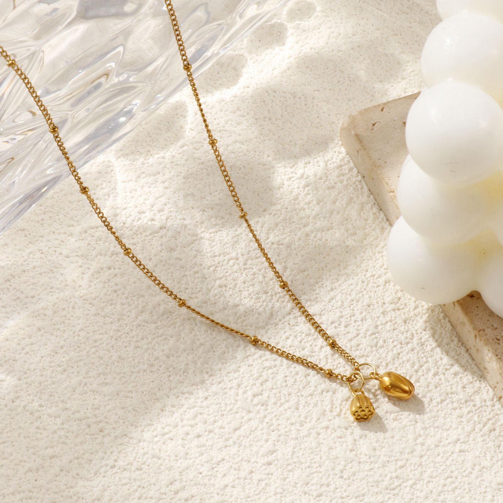 Picture of 18K Real Gold Plated Curb Link Chain Lotus Flower Pendant Charm Necklace, 304 Stainless Steel 45cm(17.7") + 5cm(2"), For Women, 3D, Exquisite Stylish Gift, Eco-friendly PVD Vacuum Plating, 1 Piece