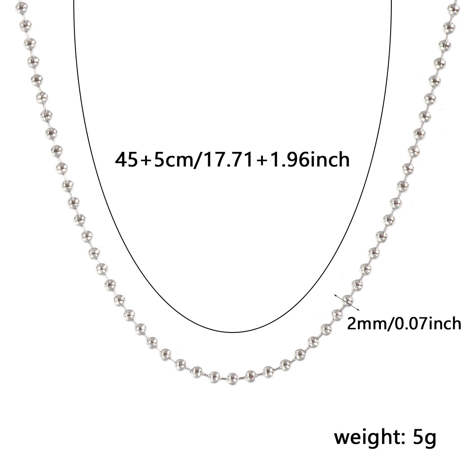 Изображение 1 ШТ Серебряный Тон Шариков Цепи Ожерелья, 304 Нержавеющая Сталь 45см + 5см, Размер цепи: 2мм, Для женщин, Минималистский Изысканный подарок, Экологичный