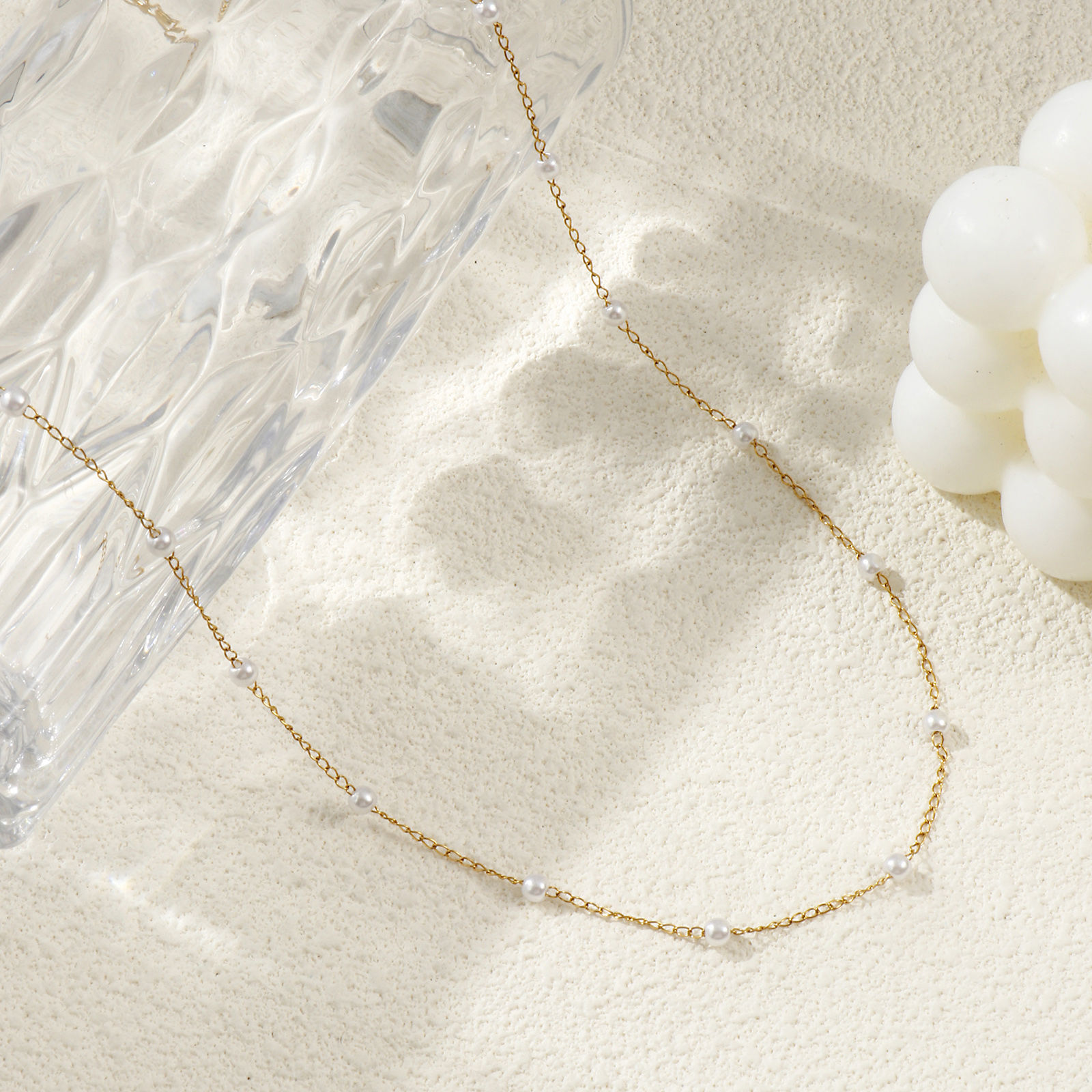 Picture of 1 Piece 18K Real Gold Plated Beaded Chain Necklace, 304 Stainless Steel & Acrylic 45cm(17.7") + 5cm(2"), Chain Size: 1.4mm, For Women, White Acrylic Imitation Pearl, Minimalist Exquisite Gift, Eco-friendly