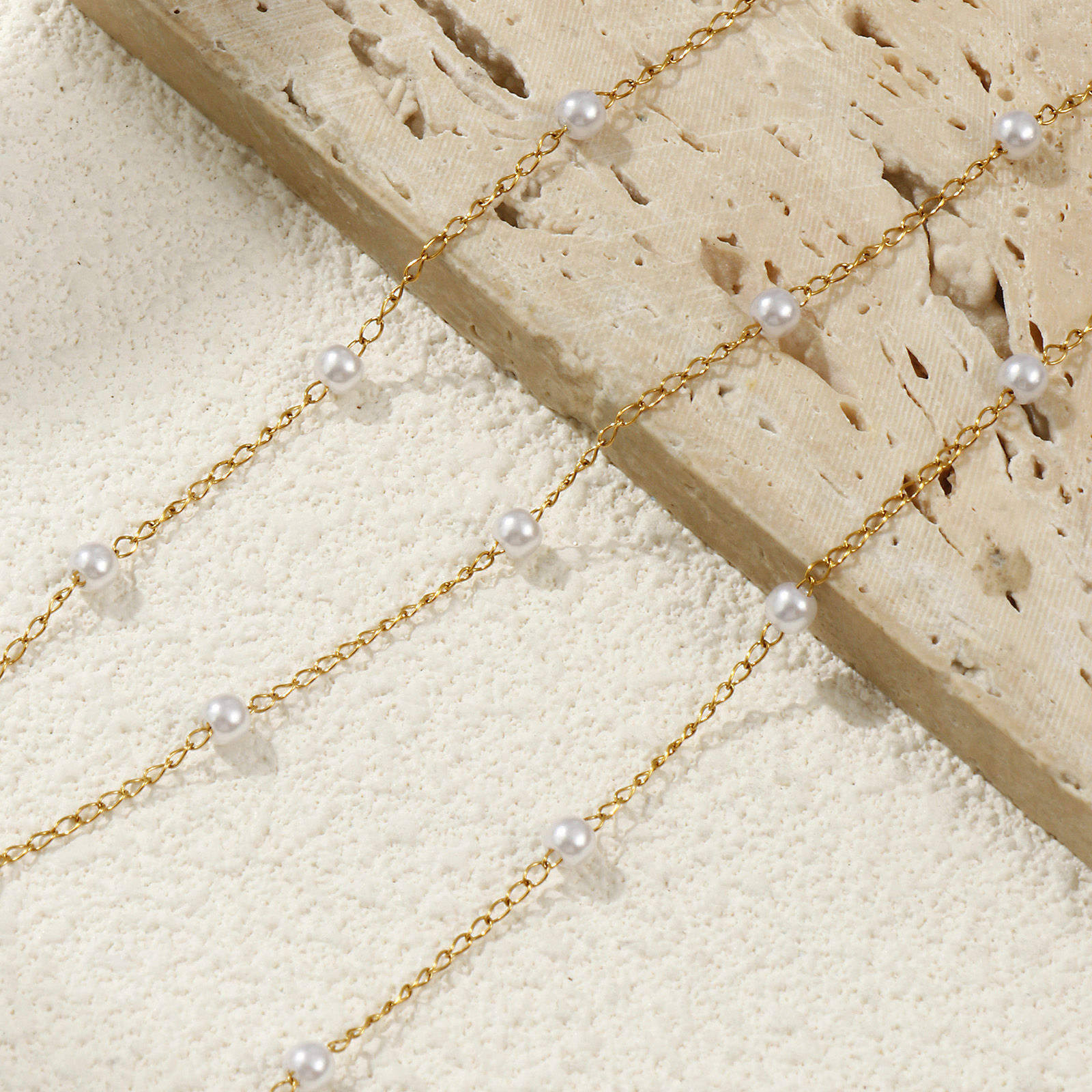 Picture of 1 Piece 18K Real Gold Plated Beaded Chain Necklace, 304 Stainless Steel & Acrylic 45cm(17.7") + 5cm(2"), Chain Size: 1.4mm, For Women, White Acrylic Imitation Pearl, Minimalist Exquisite Gift, Eco-friendly