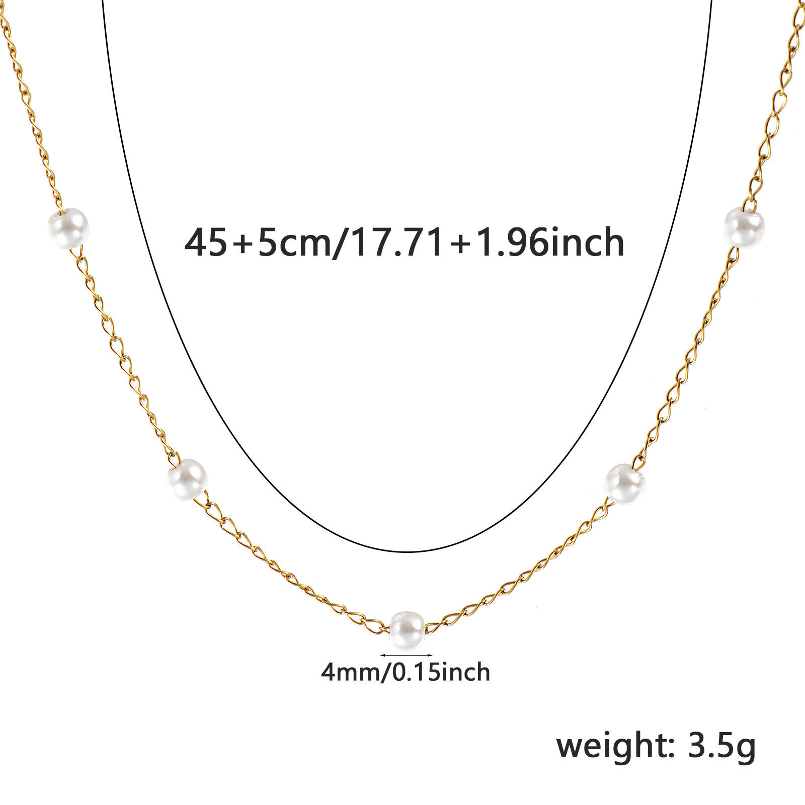 Picture of 1 Piece 18K Real Gold Plated Beaded Chain Necklace, 304 Stainless Steel & Acrylic 45cm(17.7") + 5cm(2"), Chain Size: 1.4mm, For Women, White Acrylic Imitation Pearl, Minimalist Exquisite Gift, Eco-friendly