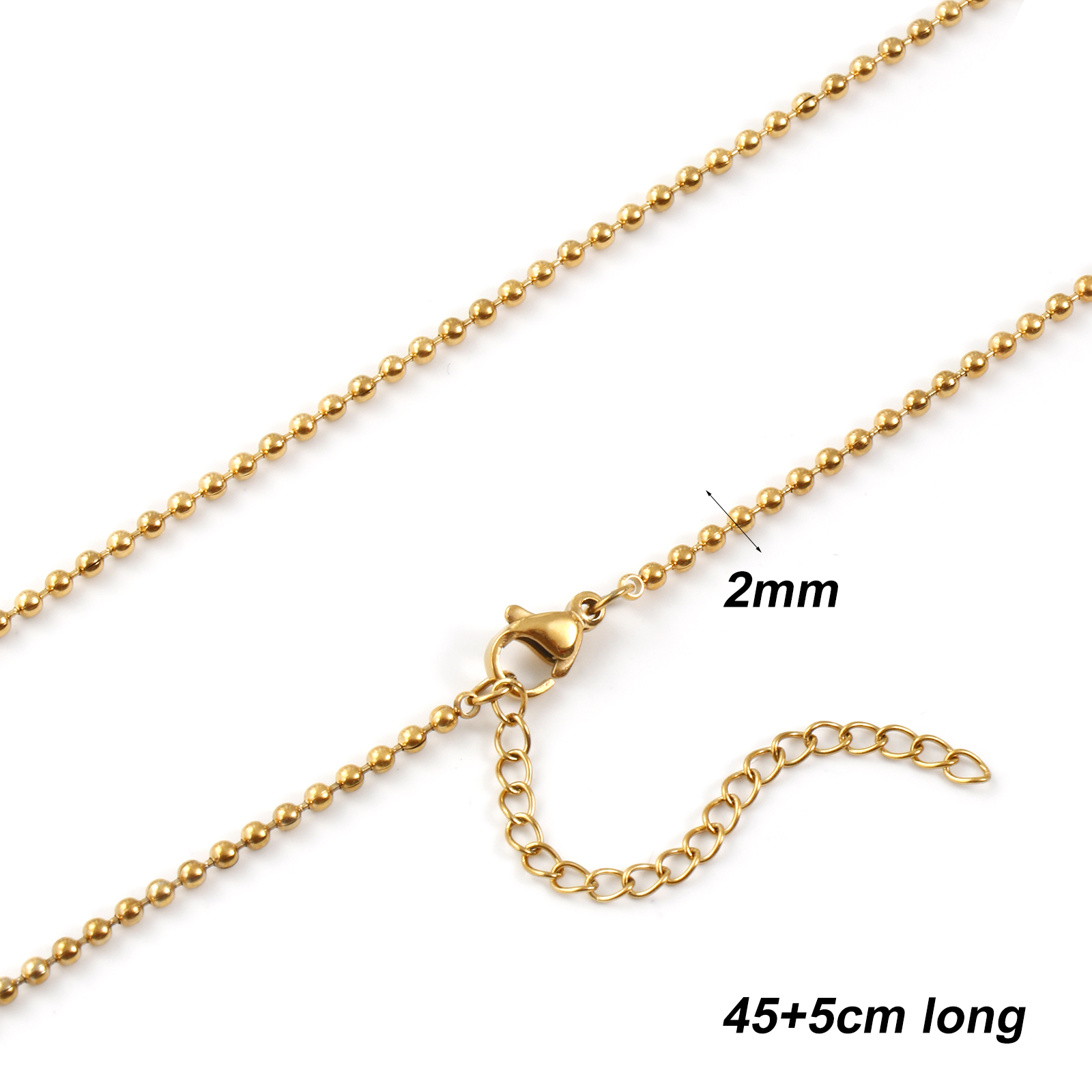 Picture of 2 PCs 18K Real Gold Plated Ball Chain Necklace, 304 Stainless Steel 45cm(17.7") + 5cm(2"), Chain Size: 2mm, For Women, Minimalist Exquisite Gift, Eco-friendly PVD Vacuum Plating