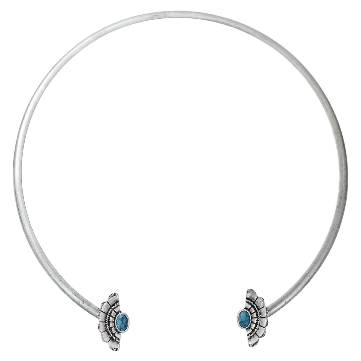 Picture of Boho Chic Collar Neck Ring Necklace Antique Silver Color Malachite Green Fan-shaped Imitation Turquoise 38cm(15") long, 1 Piece