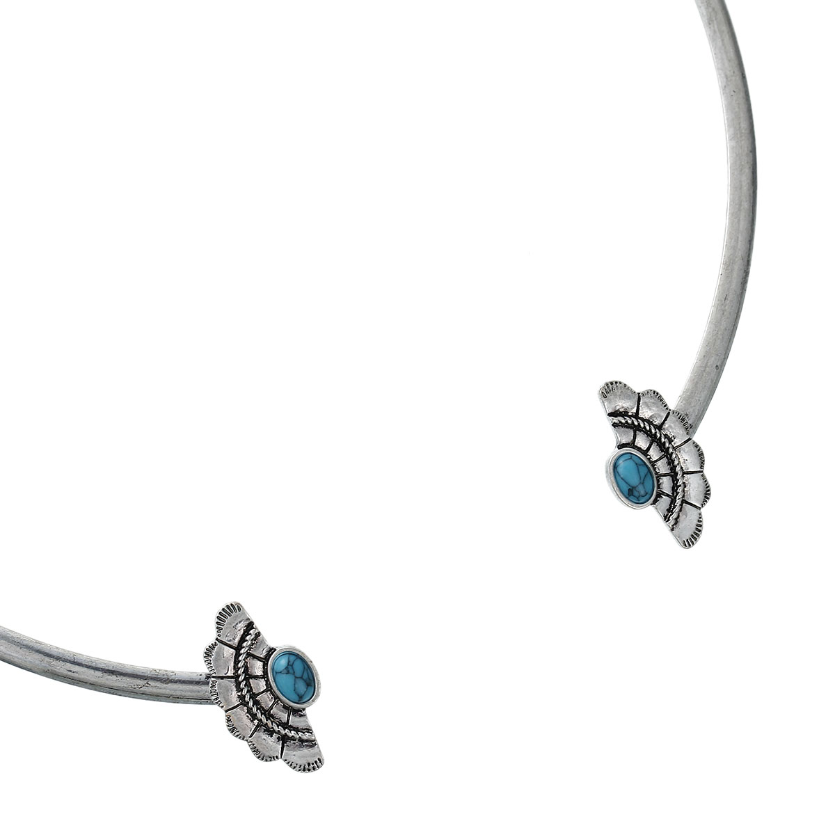 Picture of Boho Chic Collar Neck Ring Necklace Antique Silver Color Malachite Green Fan-shaped Imitation Turquoise 38cm(15") long, 1 Piece