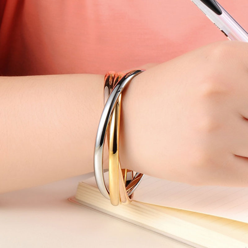 Picture of Stainless Steel Bracelets Gold Plated & Silver Tone Rose Gold Round 24cm(9 4/8") long, 1 Set ( 3 PCs/Set)
