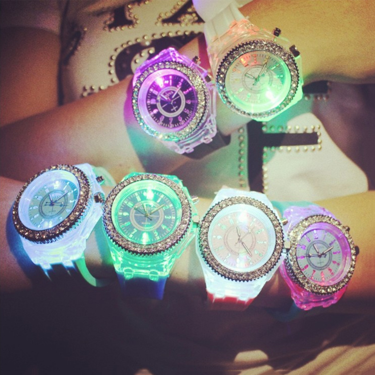 Picture of Silicone Wrist Watches Round Silver Tone Number Orange Adjustable Clear Rhinestone Battery Included 25.2cm long, 1 Piece