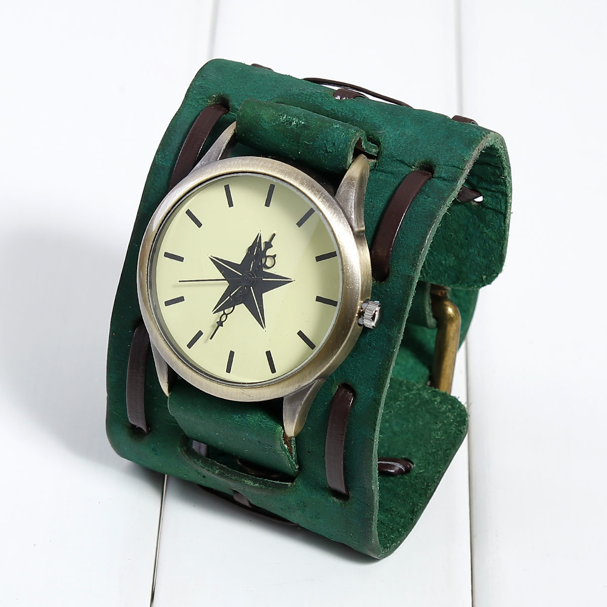 Picture of 1 Piece Real Leather Quartz Wrist Watches Antique Bronze Green Pentagram Star Adjustable 24.5cm(9 5/8") long