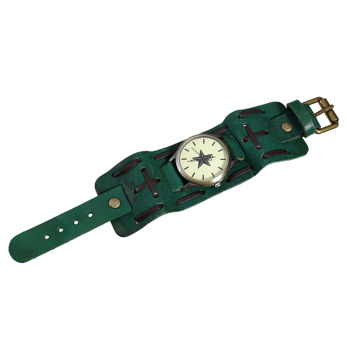 Picture of 1 Piece Real Leather Quartz Wrist Watches Antique Bronze Green Pentagram Star Adjustable 24.5cm(9 5/8") long