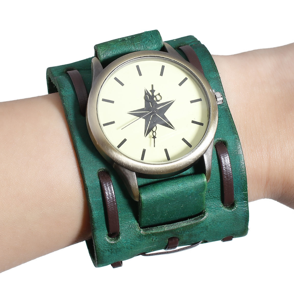 Picture of 1 Piece Real Leather Quartz Wrist Watches Antique Bronze Green Pentagram Star Adjustable 24.5cm(9 5/8") long