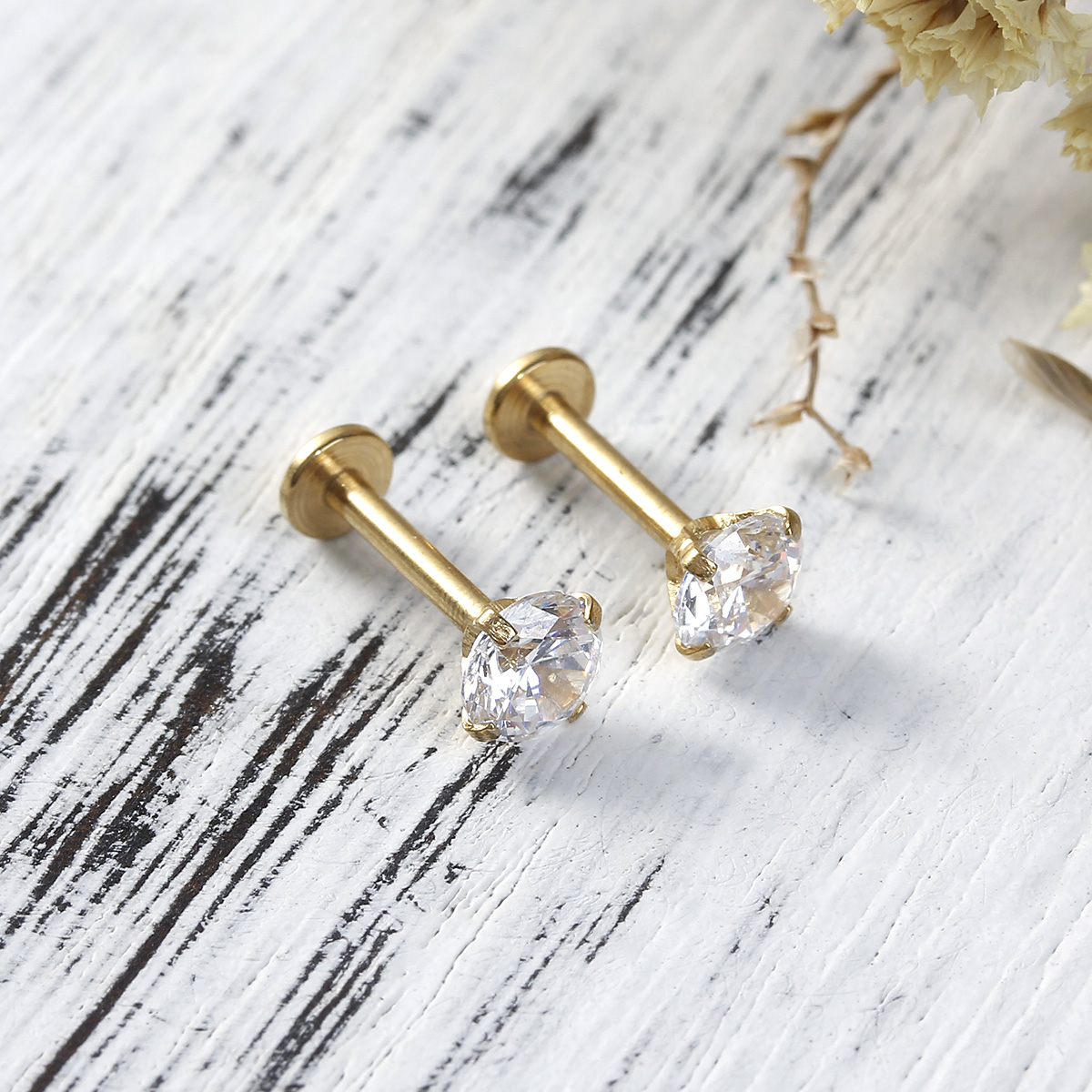 Picture of Stainless Steel Ear Post Stud Earrings Gold Plated Round Clear Rhinestone 11mm x 3mm, Post/ Wire Size: 1.4mm, 1 Piece