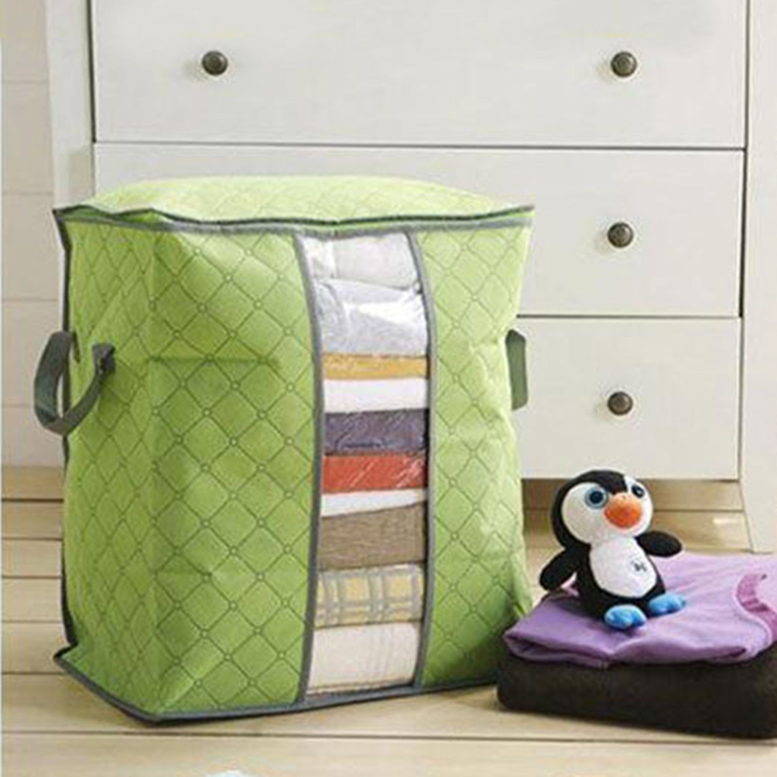 Picture of 1 Piece Bamboo Carbon Fiber Quilted Clothing Storage Container Bags Green Rectangle Grid Checker 50cm x 45cm