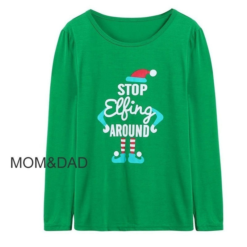 Изображение 1 Set Cotton Polyester Blend Christmas Family Matching Sleepwear Nightwear Pajamas Set Pixie Elf Stripe Green For Kids Children 100cm