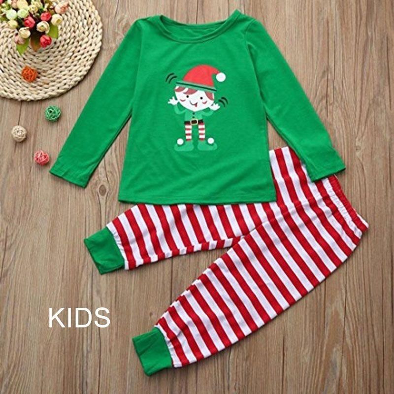 Изображение 1 Set Cotton Polyester Blend Christmas Family Matching Sleepwear Nightwear Pajamas Set Pixie Elf Stripe Green For Kids Children 100cm