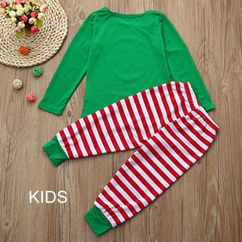 Изображение 1 Set Cotton Polyester Blend Christmas Family Matching Sleepwear Nightwear Pajamas Set Pixie Elf Stripe Green For Kids Children 100cm