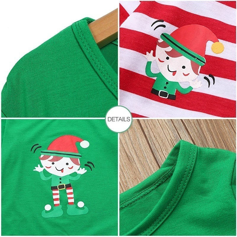 Изображение 1 Set Cotton Polyester Blend Christmas Family Matching Sleepwear Nightwear Pajamas Set Pixie Elf Stripe Green For Kids Children 100cm