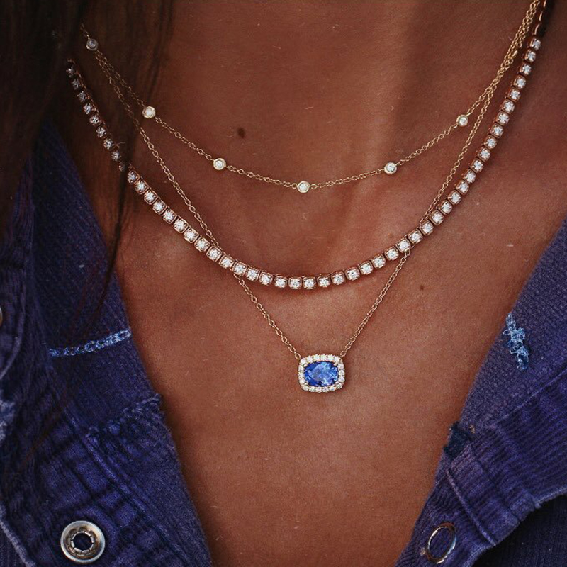 Picture of Multilayer Layered Necklace Gold Plated Blue Rectangle Clear Rhinestone 1 Piece