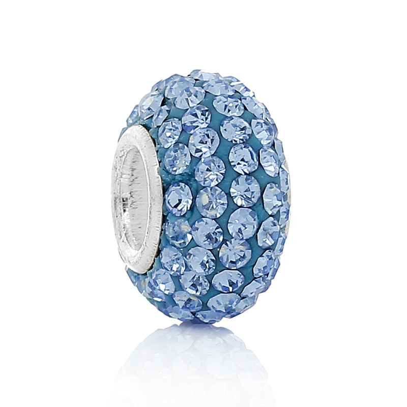 Picture of (Flaw Clearance Bulk Sale) Sterling Silver European Style Large Hole Charm Beads Round Lightblue Rhinestone About 12mm x 7mm( 4/8" x 2/8"), Hole:Approx 4.5mm, 1 PCs