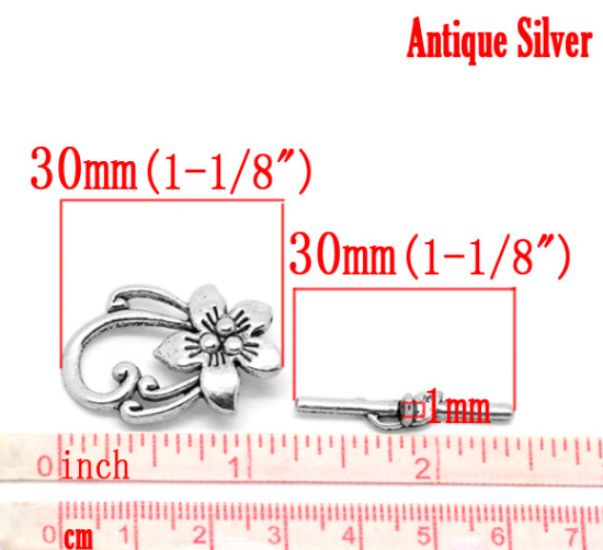 Bild von Knebelverschlüsse aus Zinklegierung, Blume, antiksilberfarben, Blume, 30 mm x 6 mm, 30 mm x 20 mm, 10 Sets