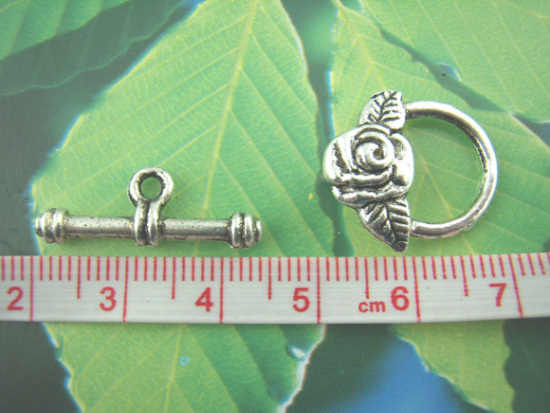 Bild von Knebelverschlüsse aus Zinklegierung, rund, antiksilberfarben, Blume, 23 mm x 8 mm, 19 mm x 17 mm, 20 Sets