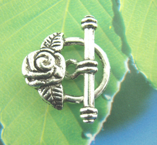 Bild von Knebelverschlüsse aus Zinklegierung, rund, antiksilberfarben, Blume, 23 mm x 8 mm, 19 mm x 17 mm, 20 Sets