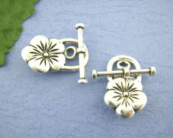 Bild von Knebelverschlüsse aus Zinklegierung, Blume, antiksilberfarben, Blume, 22 mm x 13 mm, 21 mm x 8 mm, 20 Sets