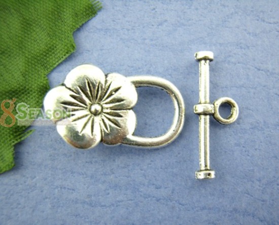 Bild von Knebelverschlüsse aus Zinklegierung, Blume, antiksilberfarben, Blume, 22 mm x 13 mm, 21 mm x 8 mm, 20 Sets