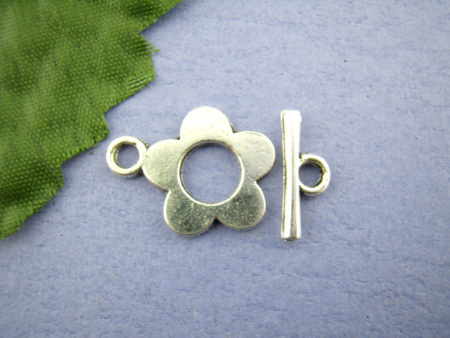 Picture of Zinc Based Alloy Toggle Clasps Flower Antique Silver Color 20mm x 16mm 16mm x 6mm, 25 Sets