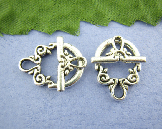 Bild von Knebelverschlüsse aus Zinklegierung, unregelmäßiges geschnitztes Muster in Antiksilberfarbe, 20 mm x 14 mm, 17 mm x 9 mm, 25 Sets