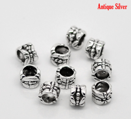 Picture of Zinc Metal Alloy European Style Large Hole Charm Beads Ornate Tube Antique Silver 8x6mm, 50PCs