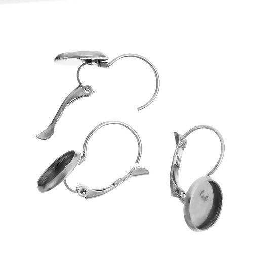 Picture of Stainless Steel Lever Back Clips Earrings Silver Tone Cabochon Settings (Fit 10mm Dia.) 23mm( 7/8") x 12mm( 4/8"), Post/ Wire Size: (20 gauge), 10 PCs