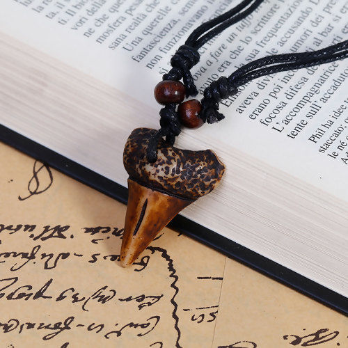 Picture of Resin Adjustable Necklace Black Wax Cord Brown Shark Teeth Tooth 40.0cm(15 6/8") long, 1 Piece