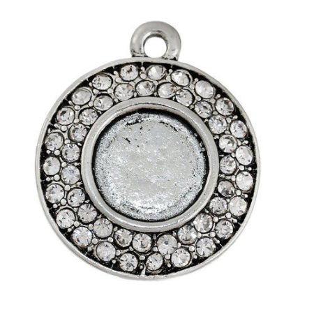 Imagen de Aleación del Cinc Charms Ronda Plata Antigua (Apta 10mm) Transparente Rhinestone 23mm x 20mm, 1 Unidad
