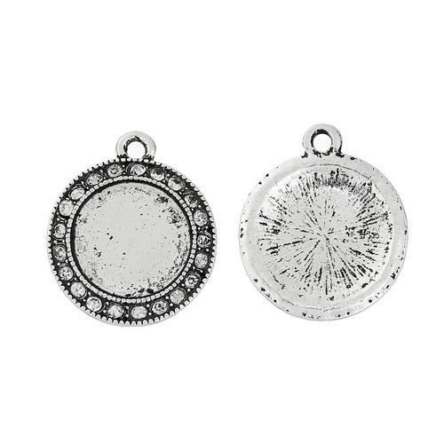 Bild von Zinklegierung Charms Rund Antiksilber (Für 16mm Cabochon) mit Transparent Strasse 27mm x 22mm, 2 Stücke