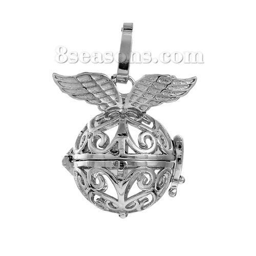 Picture of Copper Pendants Mexican Angel Caller Bola Harmony Ball Wish Box Silver Tone Wing Hollow Can Open (Fit Bead Size: 14mm) 35mm(1 3/8") x 27mm(1 1/8"), 1 Piece