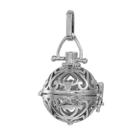Picture of Brass Pendants Mexican Angel Caller Bola Harmony Ball Wish Box Silver Tone Heart Hollow Can Open (Fit Bead Size: 16mm) 43mm(1 6/8") x 25mm(1"), 1 Piece