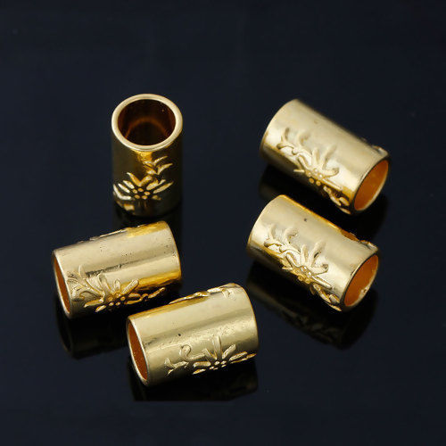 Bild von Zinklegierung Zwischenperlen Spacer Perlen Zylinder Vergoldet Muster ca. 20mm x 13mm, 10 Stücke