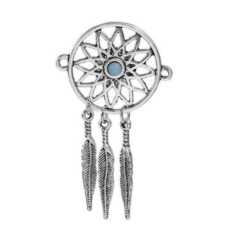 Bild von Zinklegierung Verbinder Traumfänger Antiksilber Blau mit Muster Muster, Mit Harz Imitat Howlith Cabochons , 55mm x 32mm, 5 Stücke