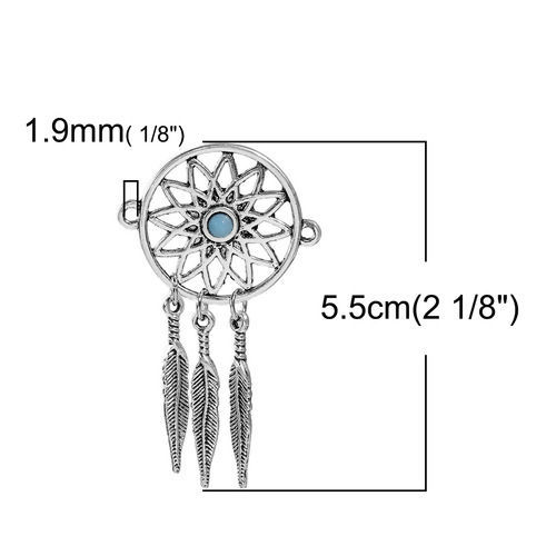 Picture of Zinc Based Alloy Connectors Findings Dream Catcher Antique Silver Color Pattern Carved Hollow Blue Resin Cabochons Imitation Turquoise 55mm x 32mm, 5 PCs