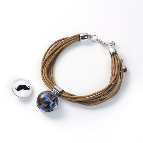 Picture of Wax Rope Snap Button Bracelets Fit 18mm/20mm Snap Buttons Brown Silver Tone Round 19cm(7 4/8") long, Hole Size: 6mm( 2/8"), 1 Piece