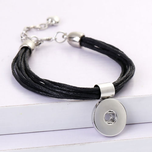 Picture of Wax Rope Snap Button Bracelets Fit 18mm/20mm Snap Buttons Black Silver Tone Round 19cm(7 4/8") long, Hole Size: 6mm( 2/8"), 1 Piece