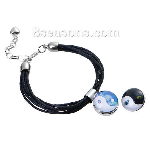 Picture of Wax Rope Snap Button Bracelets Fit 18mm/20mm Snap Buttons Black Silver Tone Round 19cm(7 4/8") long, Hole Size: 6mm( 2/8"), 1 Piece
