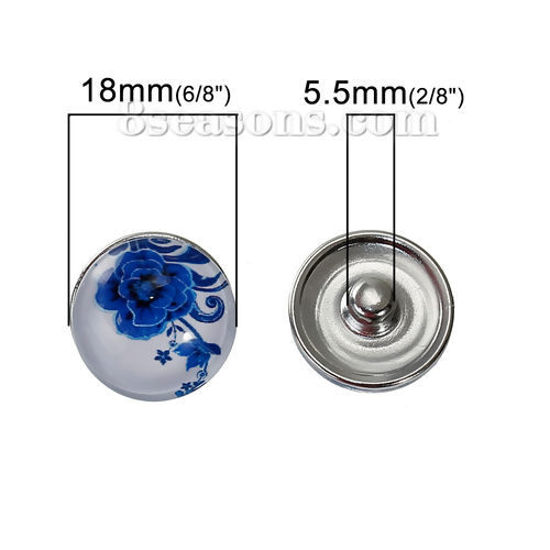 Picture of 18mm Zinc Based Alloy Snap Button Fit Snap Button Bracelets Round Aluminum Tone At Random Mixed Flower Pattern , Knob Size: 5.5mm( 2/8"), 5 PCs
