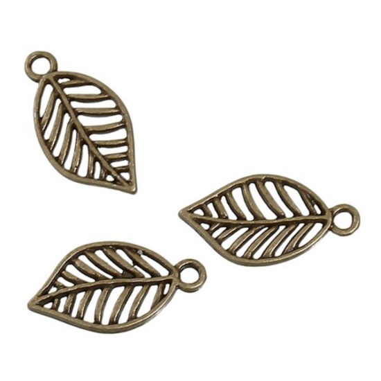 Immagine di Lega di Zinco Charms Foglia Bronzo Antico Filigrana 19mm x 10mm , 100 Pz