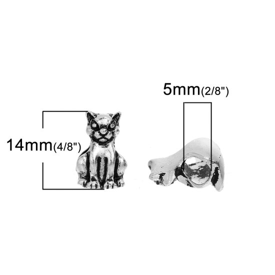 Immagine di Lega di Zinco 3D Fascino Perline Gatto Argento Antico Circa 14mm x 9mm, Foro: Circa 5mm, 10 Pz
