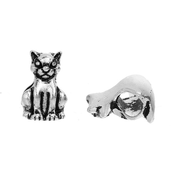 Immagine di Lega di Zinco 3D Fascino Perline Gatto Argento Antico Circa 14mm x 9mm, Foro: Circa 5mm, 10 Pz